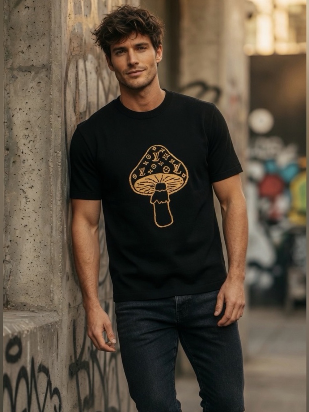 Louis Vuitton Black Tee with Gold Mushroom Motif